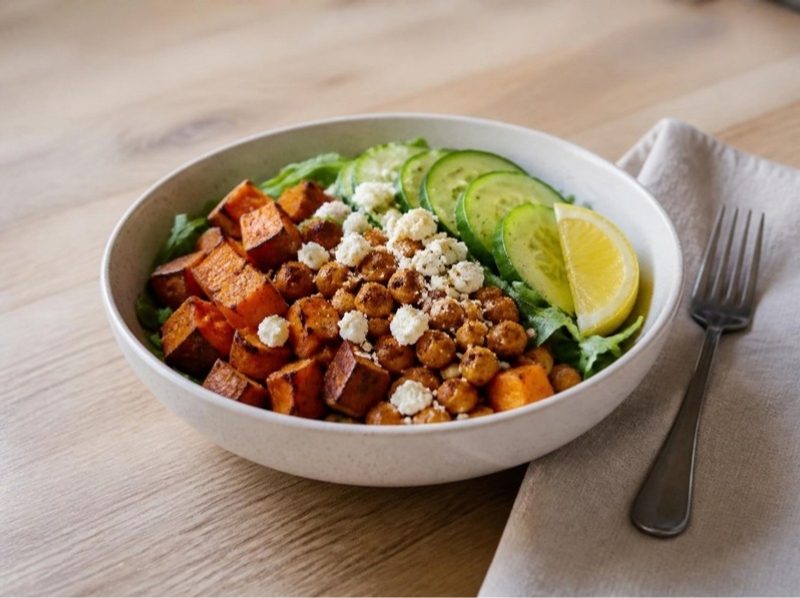Bowl patate douce rôtie, pois chiches et feta