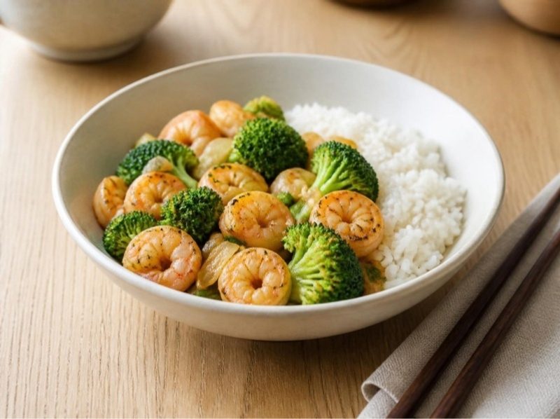 Crevettes sautées à l’ail, brocoli et riz