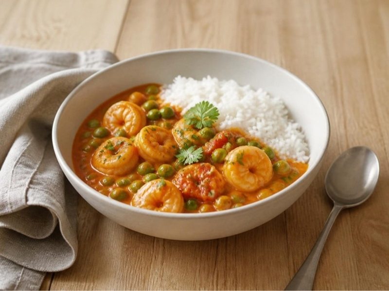 Curry de crevettes aux petits pois, riz