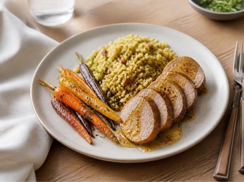 Filet mignon moutarde-miel, carottes rôties et boulgour