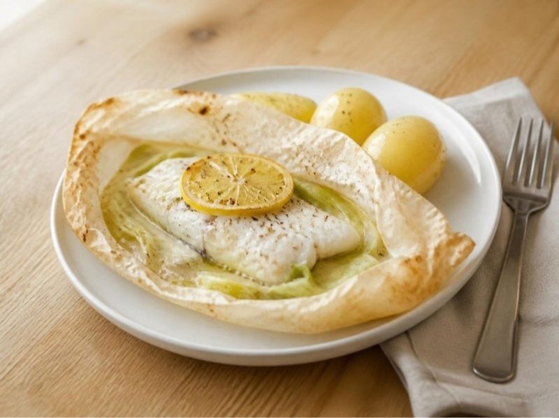 Lieu en papillote, poireaux à la crème légère