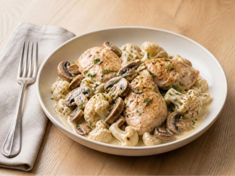 Poêlée de poulet, champignons et chou-fleur