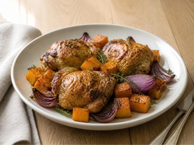 Poulet rôti à la butternut et aux oignons