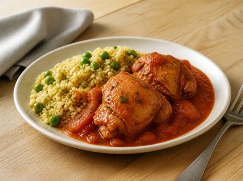 Poulet au paprika, boulgour et petits pois