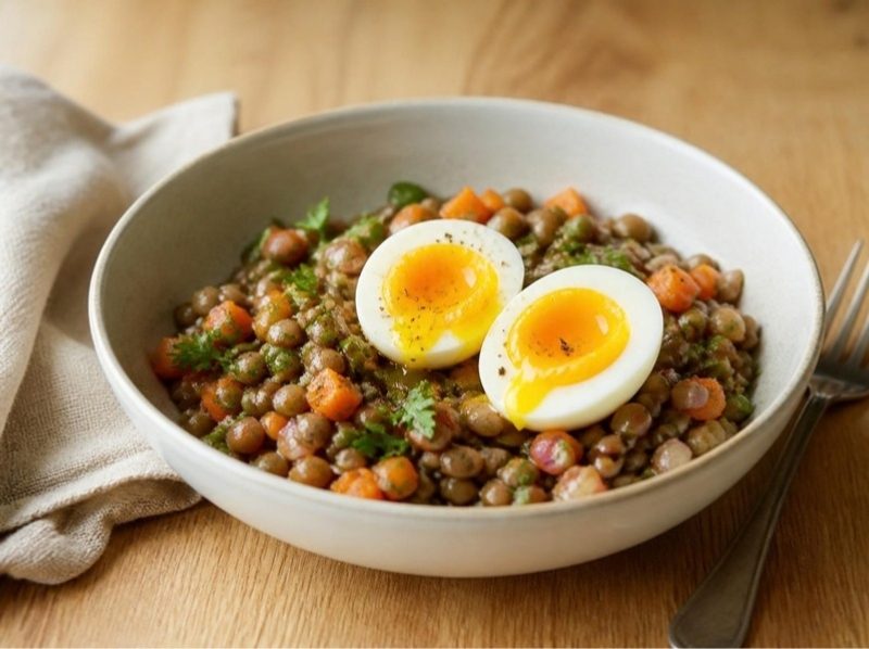Salade tiède de lentilles vertes, œufs mollets et moutarde