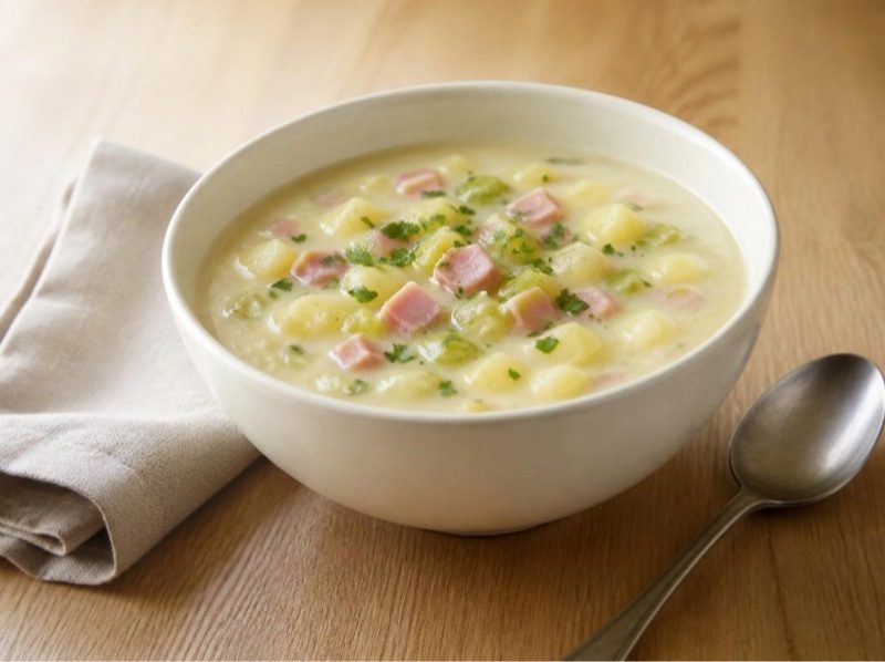 Soupe poireaux, pommes de terre et jambon