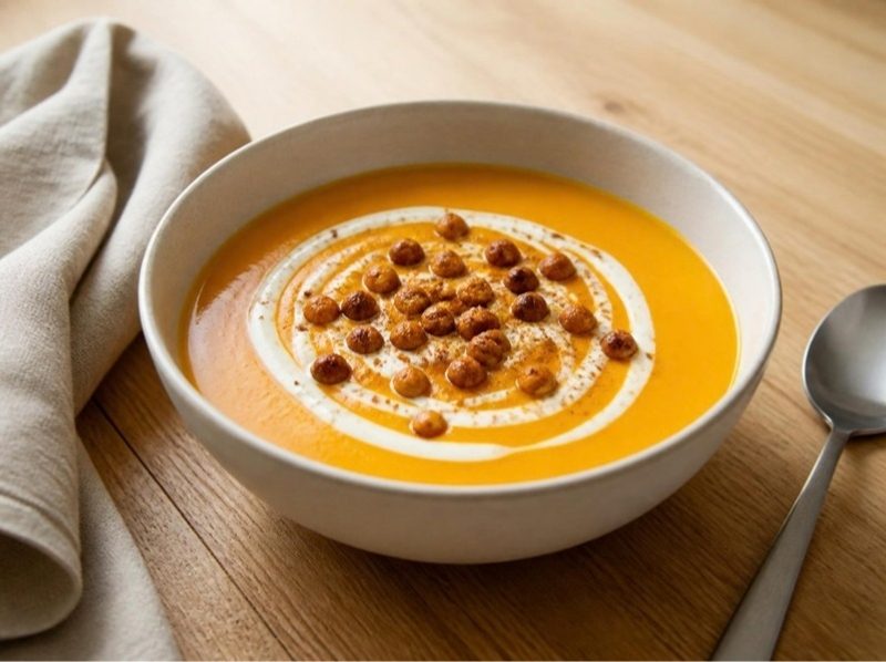 Velouté de butternut au cumin, pois chiches grillés