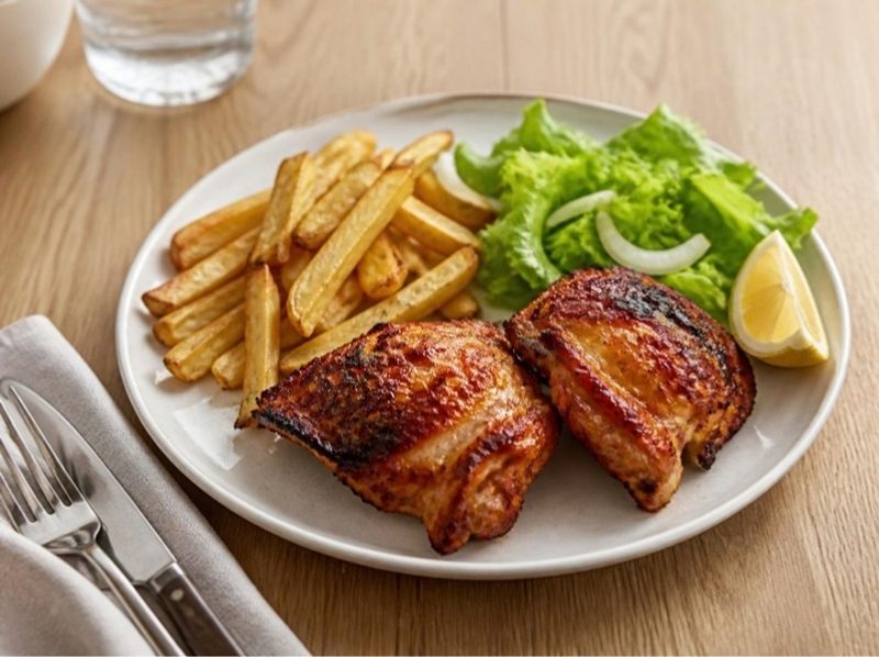 Frango piri-piri, frites au four et salade