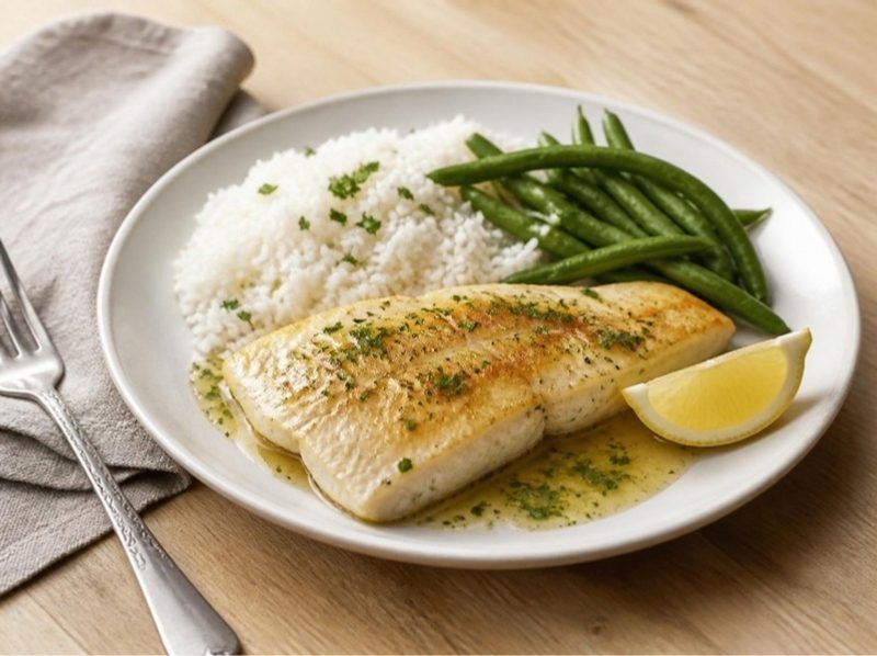 Lieu poêlé au beurre citronné, haricots verts et riz