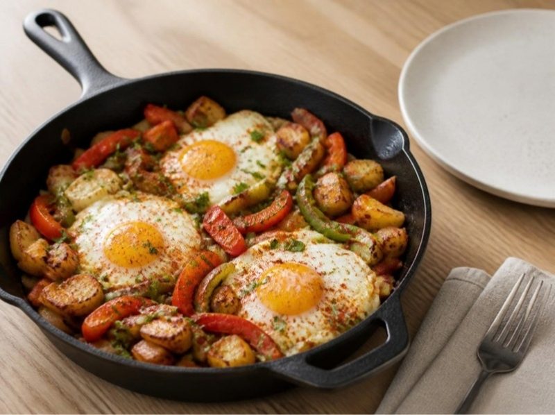 Œufs au plat sur poêlée de pommes de terre et poivrons