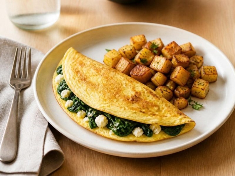 Omelette épinards et feta, pommes de terre sautées