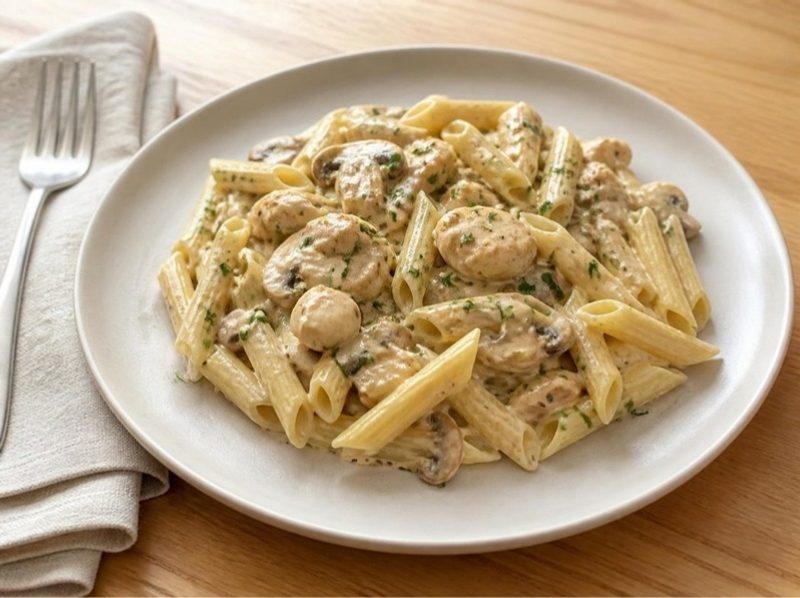 Pâtes au poulet, champignons et crème légère