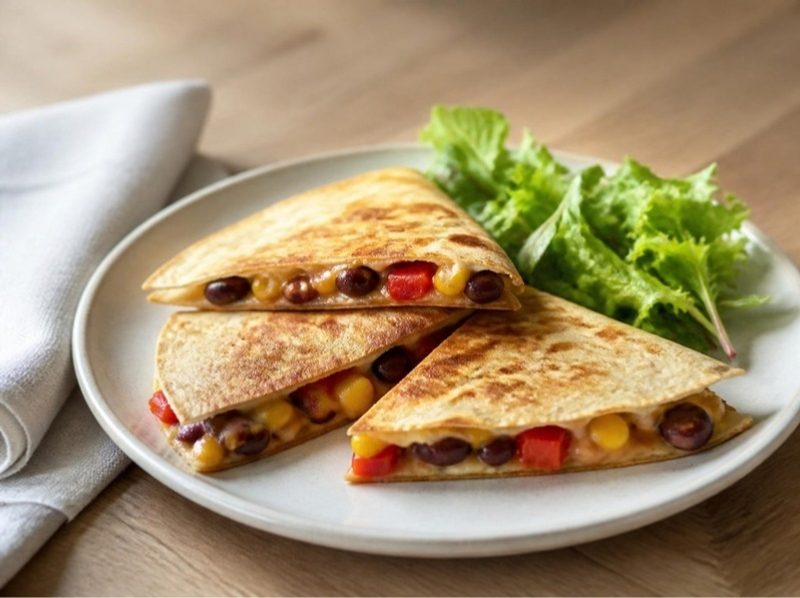 Quesadillas haricots rouges, maïs et emmental, salade