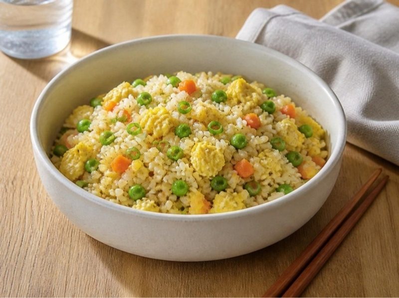 Riz sauté aux œufs, petits pois et carottes