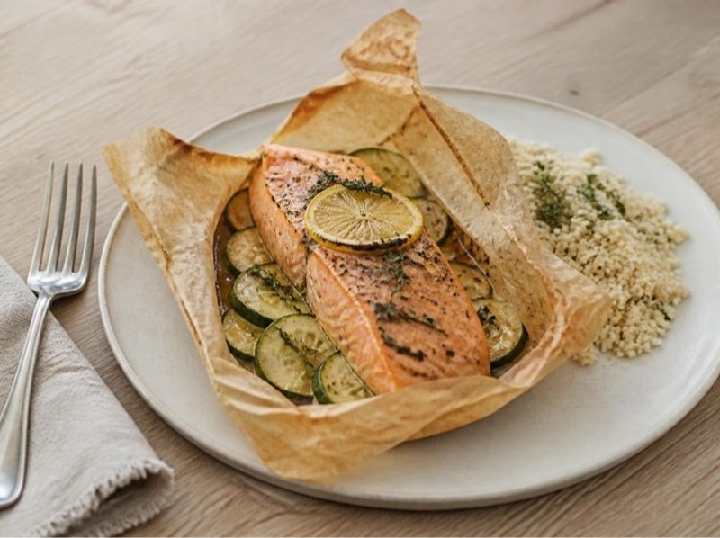 Saumon en papillote, courgettes et semoule