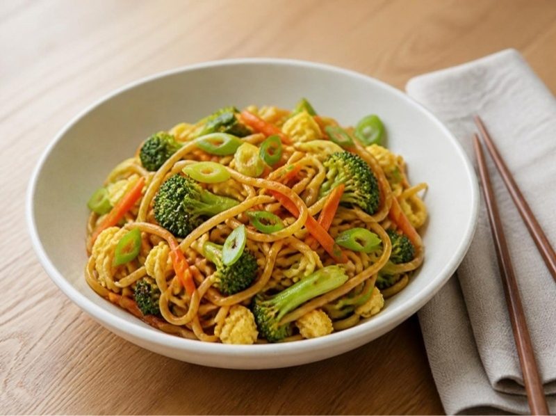 Wok de nouilles, œufs et légumes croquants