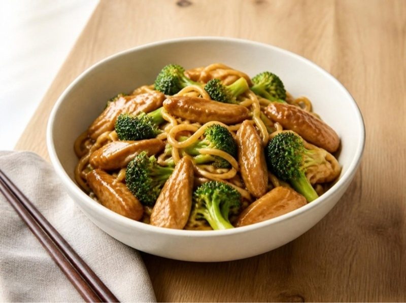 Wok de poulet soja-gingembre, brocoli et nouilles