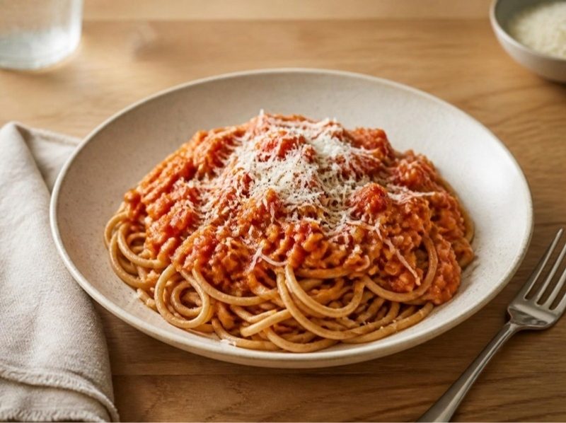 Pâtes complètes à la bolognaise de lentilles corail