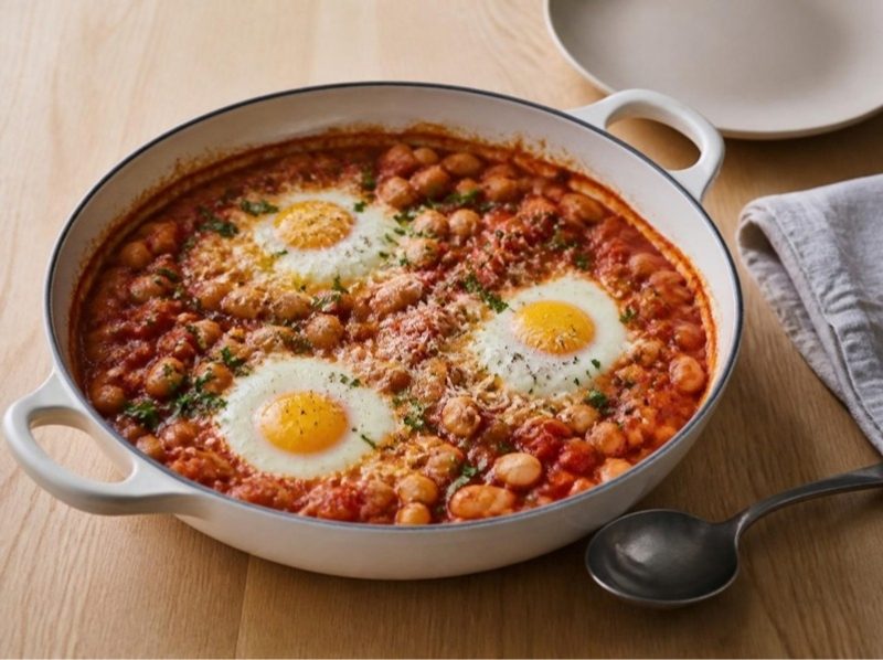 Haricots blancs à la tomate et œufs cuits dedans
