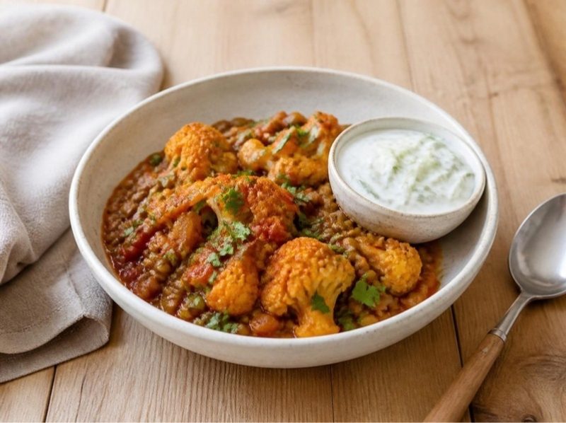 Curry de lentilles vertes et chou-fleur, raïta au skyr