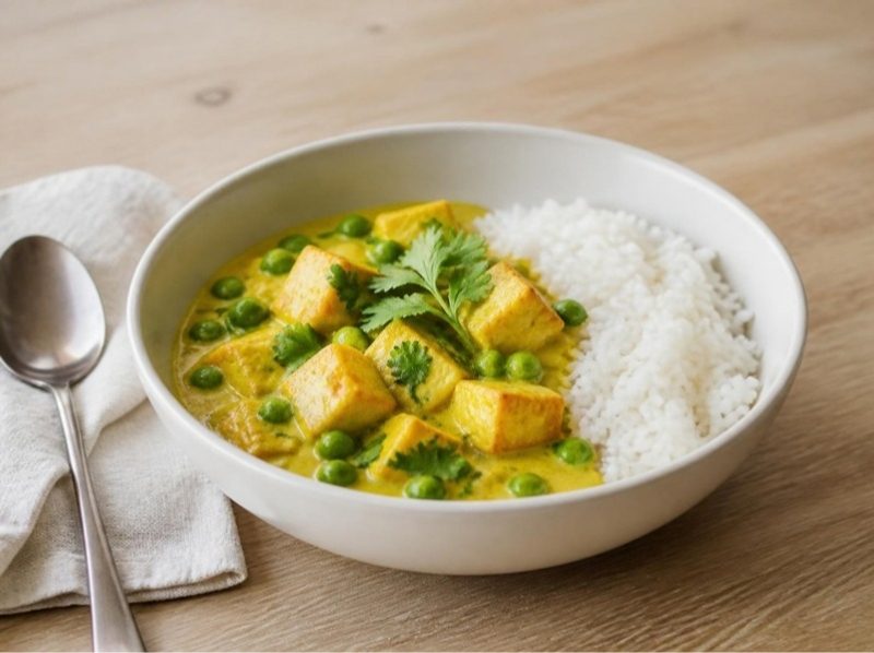 Curry de tofu aux petits pois et lait de coco, riz