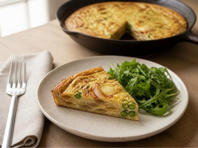 Frittata de pâtes complètes, petits pois et emmental