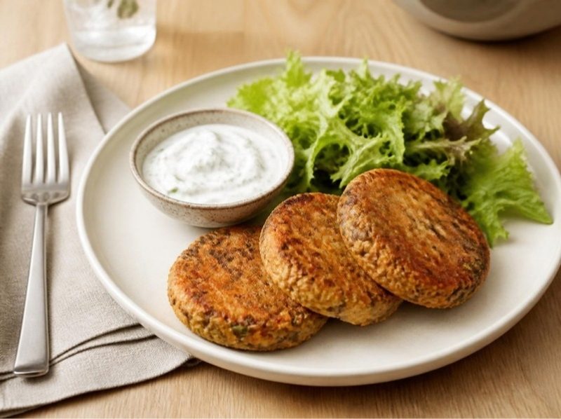 Galettes de lentilles et emmental, sauce skyr, salade