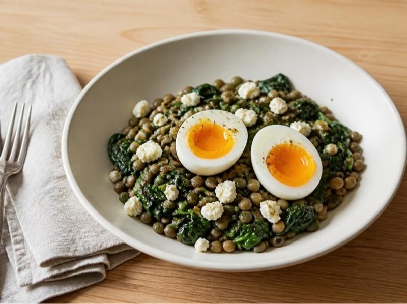 Lentilles vertes aux épinards, œufs mollets et feta