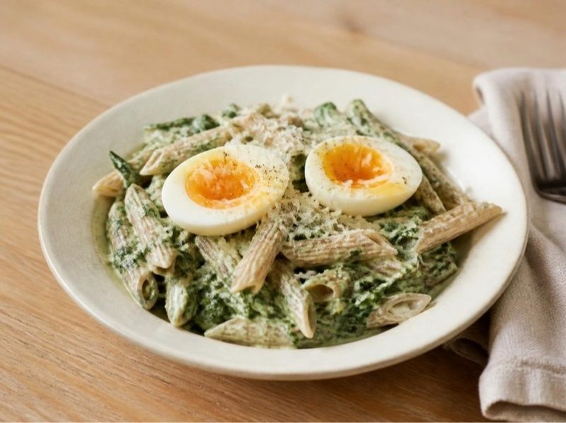 Pâtes complètes, sauce épinards-fromage blanc et œufs mollets