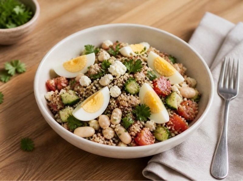 Salade de quinoa, haricots blancs, œufs durs et feta
