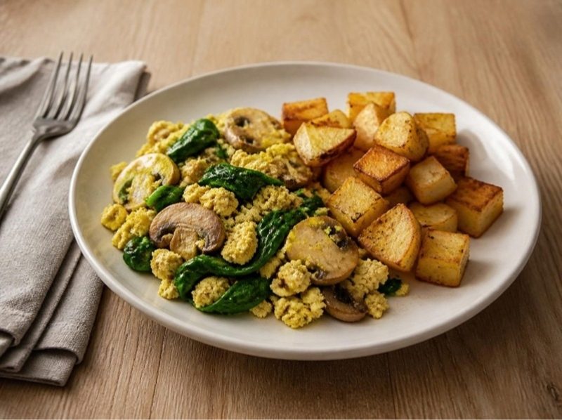 Tofu brouillé aux champignons et épinards, pommes de terre sautées