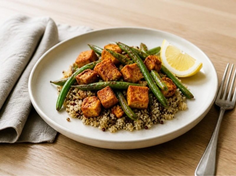 Tofu croustillant au paprika, haricots verts et quinoa