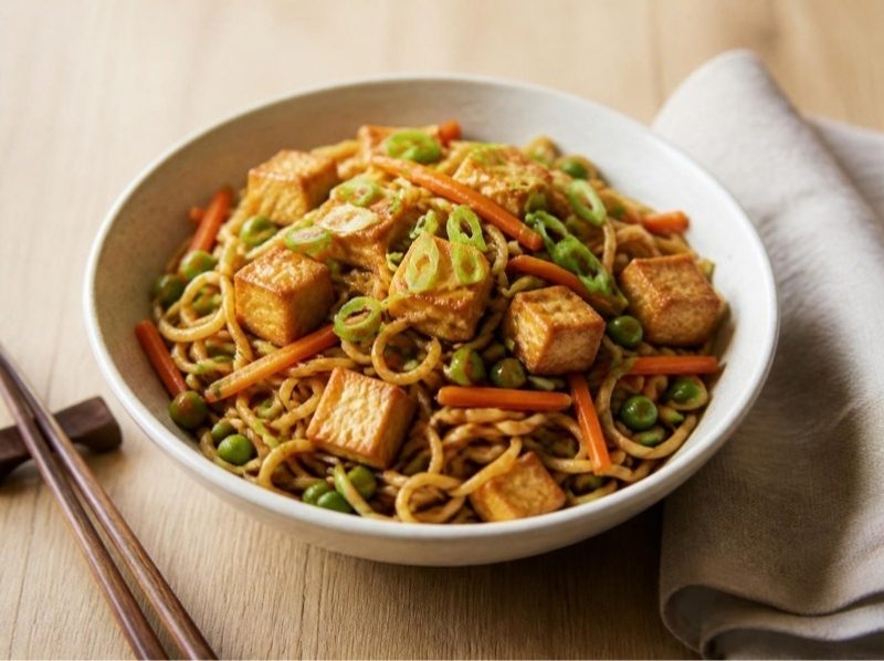 Wok de tofu, nouilles et petits pois, sauce soja