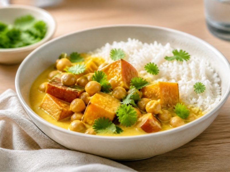 Curry de potimarron, pois chiches et lait de coco, riz