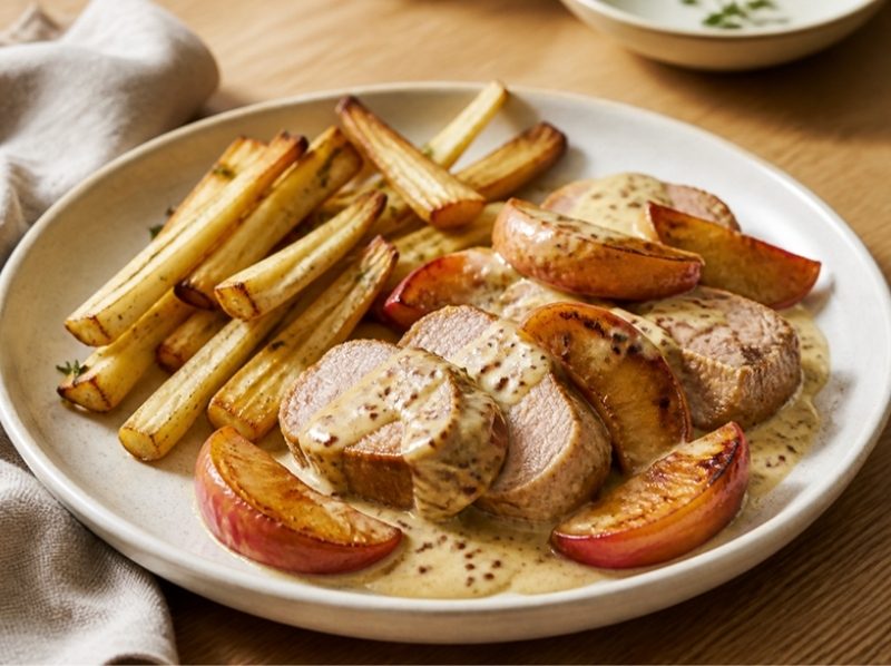 Filet mignon aux pommes, panais rôtis