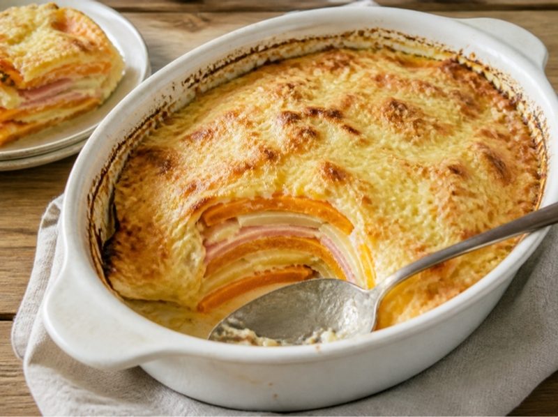 Gratin de potiron, pommes de terre et jambon