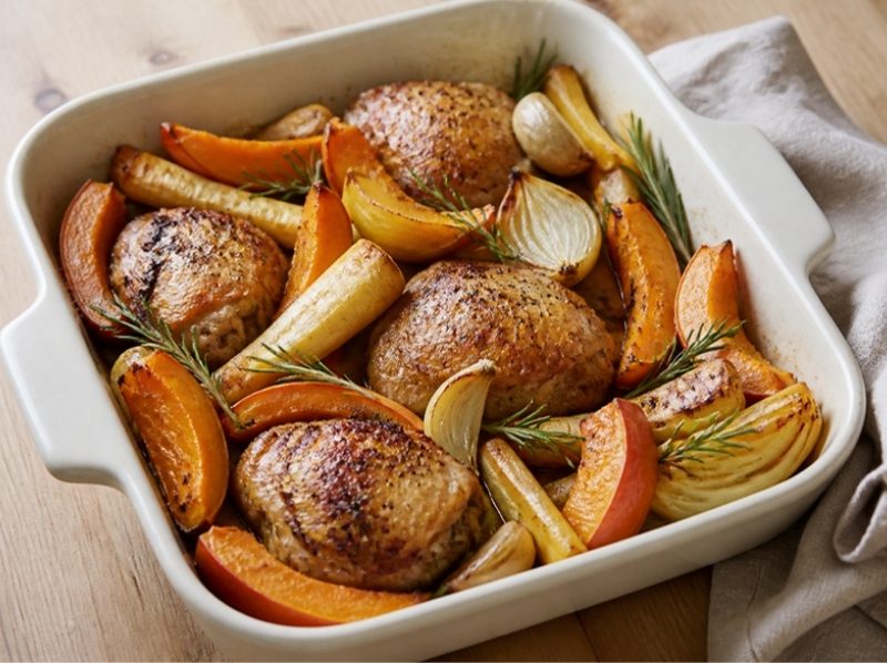 Poulet rôti, potimarron et panais au romarin