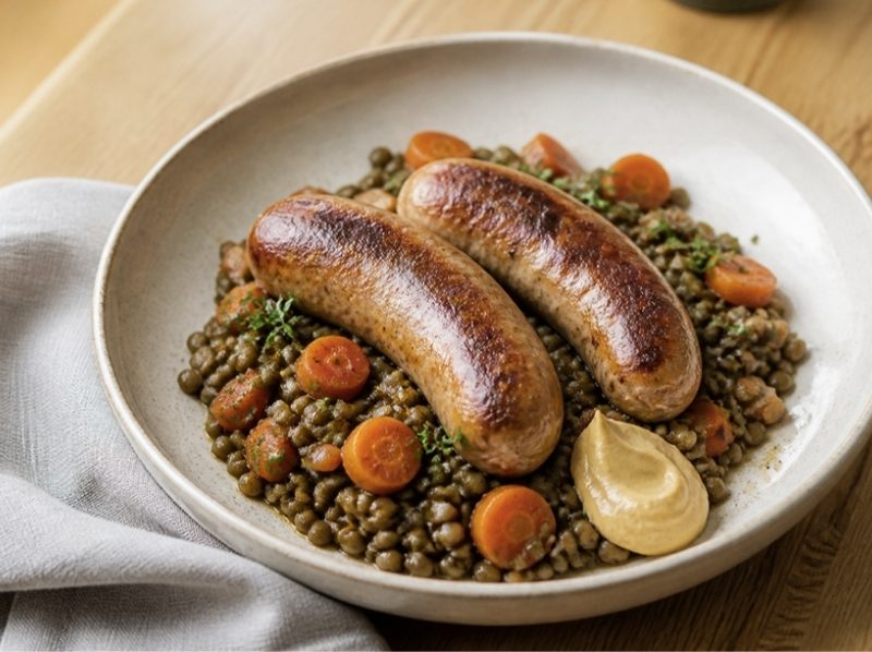 Saucisses de Toulouse aux lentilles vertes et carottes