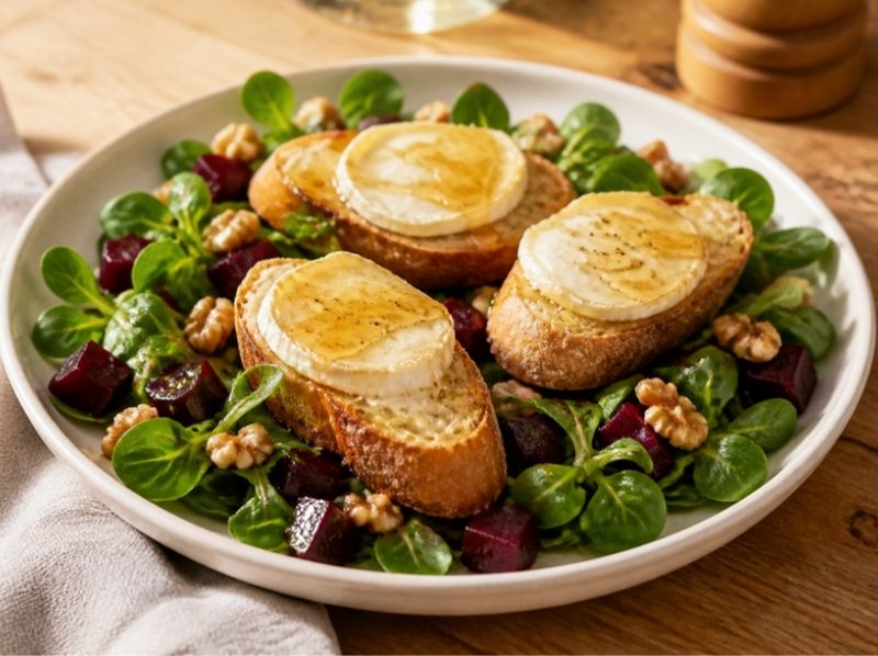 Salade de mâche, betteraves et chèvre chaud
