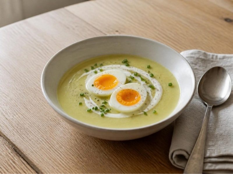Velouté poireaux-pommes de terre et œufs mollets